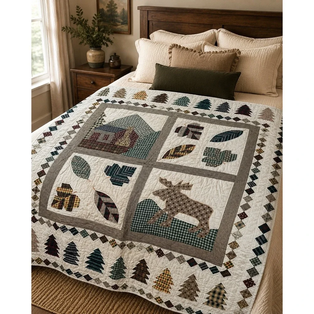 Hand Stitched Cabin Moose Quilt Wall Hanging Topper Primitive Lodge 56x48